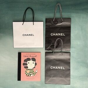 3 Authentic Chanel Paper Shopping Bags Holiday Glitter + Coco Chanel Kids Book
